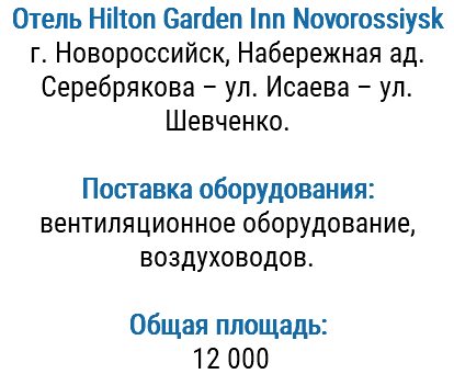 Отель Hilton Garden Inn Novorossiysk г. Новороссийск, Набережная ад. Серебрякова – ул. Исаева – ул. Шевченко. Поставка оборудования: вентиляционное оборудование, воздуховодов. Общая площадь: 12 000